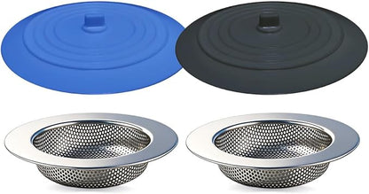 Seatery 4PCS Kitchen Sink Strainer Stopper Kit, Universal Silicone Sink Drain Plug Cover, Drain Water Stopper, 4.5 Inch Stainless Steel Sink Drain Strainer, Food Debris Catcher for Kitchen