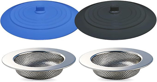 Seatery 4PCS Kitchen Sink Strainer Stopper Kit, Universal Silicone Sink Drain Plug Cover, Drain Water Stopper, 4.5 Inch Stainless Steel Sink Drain Strainer, Food Debris Catcher for Kitchen