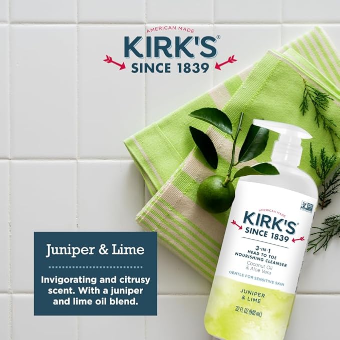 Kirk's Juniper & Lime 3-in-1 Nourishing Cleanser, Shampoo Body Wash Bubble Bath, Coconut Oil and Aloe Vera, Vegan Non-GMO, 32 Fl Oz, Pack of 2