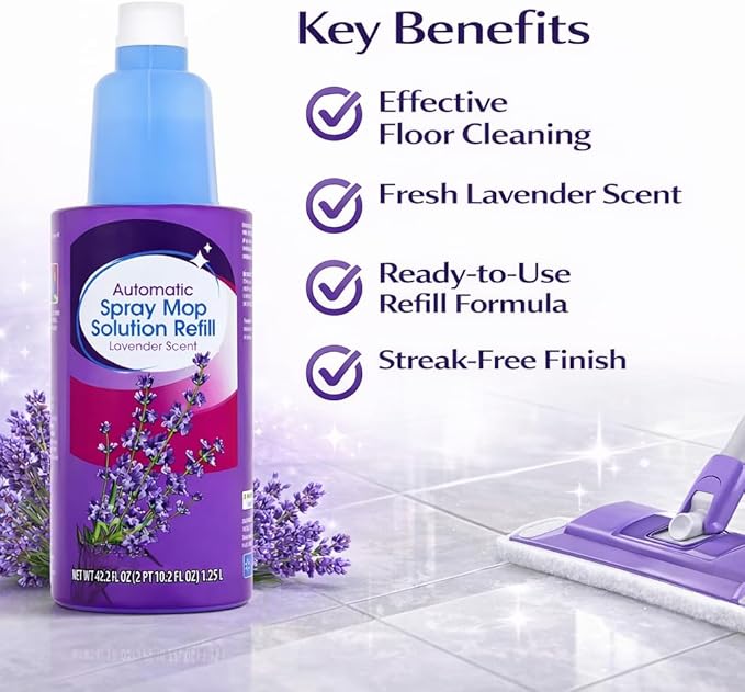 Auto Spray Mop Floor Cleaning Solution Refill 42 fl oz Lavender Scent, Multi Surface Floor Cleaner Refill for Spray Mops, Ready to Use Liquid, 1 Count