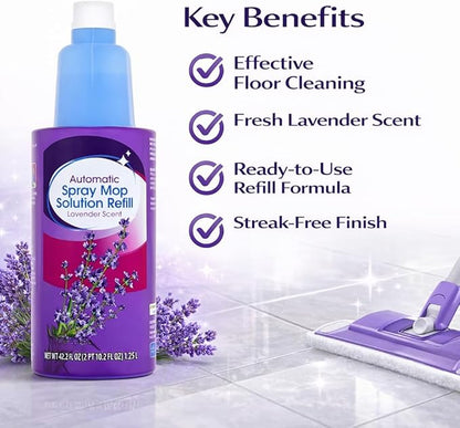 Auto Spray Mop Floor Cleaning Solution Refill 42 fl oz Lavender Scent, Multi Surface Floor Cleaner Refill for Spray Mops, Ready to Use Liquid, 1 Count