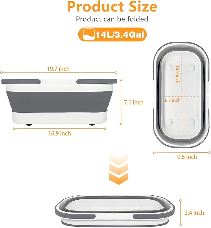 Goderewild Collapsible Bucket with Wheels 14L (3.7 Gallon) - Versatile and Durable for House Cleaning, Camping, and RV - Convenient Rectangular Mop Cleaning Basket - Lightweight & Compact (14L-Grey)