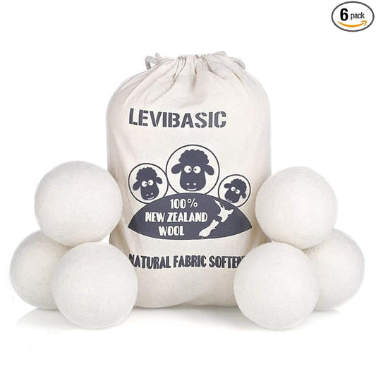 Wool Dryer Balls 6 Pack XL, Genuine New Zealand Wool to Core, 100% Organic Fabric Softener Alternative, Baby Safe & Chemical Free, Reduce Wrinkles & Shorten Drying Time (White-6pcs)