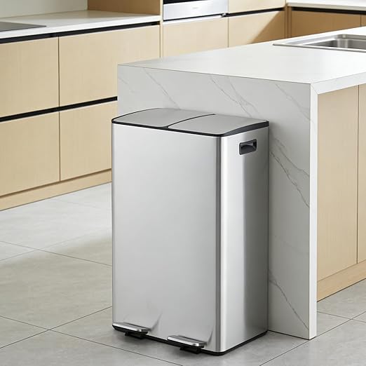 Garvee Dual Compartment Trash Can, 2 x 8 Gal (2 x 30L) Stainless Steel Recycling Bin with Foldable Foot Pedal & Soft-Close Lid, Kitchen Garbage & Recycle Combo - Silver