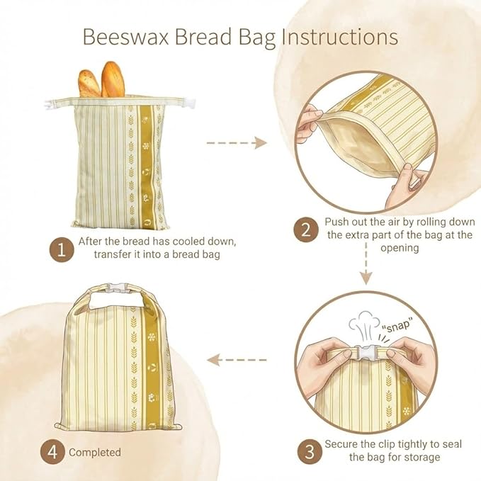 Beeswax Bread Bags, Reusable Food Storage Wraps with Floral and Bee Print Design, 2 Pack (wheat)
