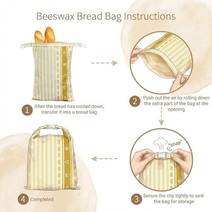 Beeswax Bread Bags, Reusable Food Storage Wraps with Floral and Bee Print Design, 2 Pack (wheat)