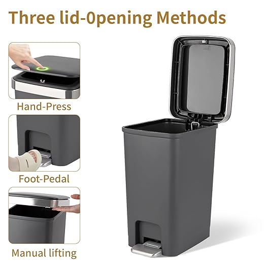 Small Bathroom Trash Can with Lid and 3 Rolls Trash Bags, Step Pedal Wastebasket Plastic Garbage Can with Pop-Up Lid 2.6 Gallon Bin for Kitchen, Bedroom, Office, Dorm, Laundry, Toilet, Rv,Dark Grey