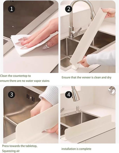 19.6in Silicone Sink Splash Guard, New Silicone Sink Water Retaining Board for Kitchen, Portable Water Retaining Strip Reusable Water Splash Guard for Bathroom Countertop (Silicone, Beige)