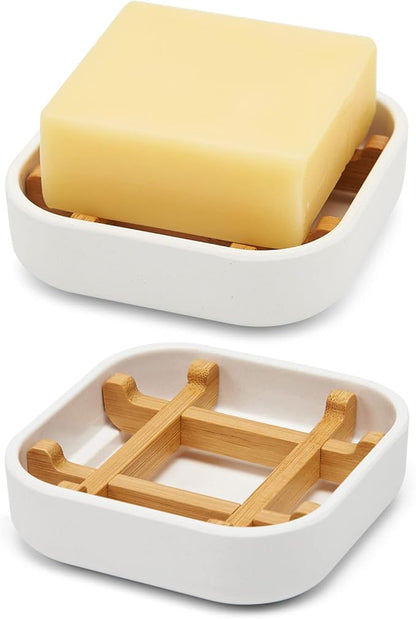 Bamboo Soap Dishes for Bar Soap Holders for Shower for Bathroom Sink Bulk Small Wooden Soap Tray Jabonera Pretty Neat Ventilated Soap Dish Disj Disk, Detachable (Single Rounded White)