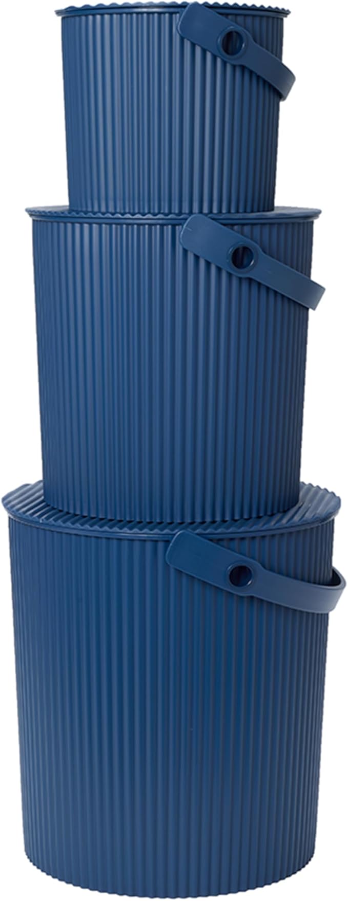 Hachiman Bucket Set of 3 - Includes Mini, Large, and Extra Large Heavy Duty Buckets with Lid and Handle - Hands-Free Filling - Easy to Stack and Store - Indoor Outdoor Use - Navy