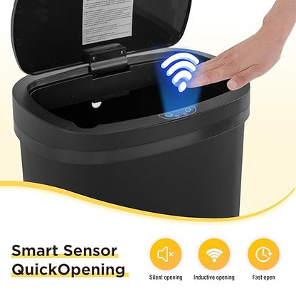 BestOffice | 13 Gallon Plastic Trash Can with Lid | Dark Black | Automatic Touchless Garbage Can | Odor Control | Modern Oval Design | Easy to Clean | Fits Any Kitchen, Bathroom, Office or Home