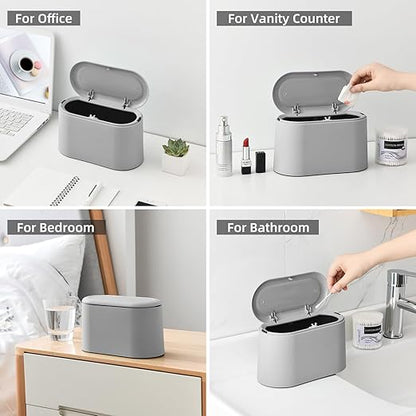 SUBEKYU 0.5 Gal Mini Countertop Trash Can with Lid for Desktop, Small Garbage Can for Office, Tiny Wastebasket, Plastic, Light Grey
