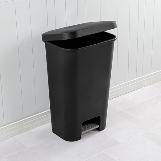 Sterilite 11.9 Gallon Rectangular Step On Kitchen Plastic Indoor Wastebasket with Wide Opening Lid and Comfort Handle for Home, Black (8 Pack)