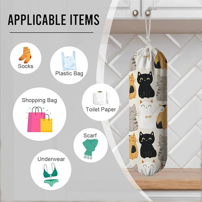 Cat Plastic Bag Holder, Reusable Shopping Bags Storage Dispenser, Lovely Cats Fabric Garbage Trash Bag Dispenser for Home Kitchen Pantry Cabinet, Wall Mount, Kitchen Housewarming Gifts