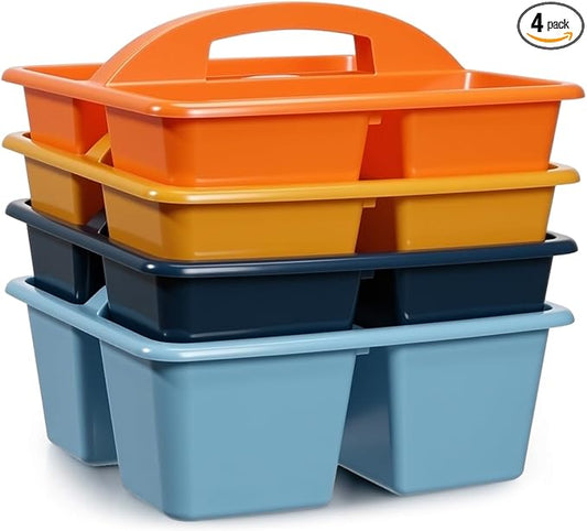 Kathfly 4 Pack Caddy Organizer with Handle, Stackable Organization Storage, Small Plastic Basket Classroom Caddy for Table Desk Office Pencil Kids Room Craft Art Teacher School Supplies (Blue Orange)