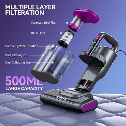 Mattress Vacuum Cleaner, 20Kpa Suction Bed Vacuum Cleaner with 253.7nm UV-C Light, 140°F Heated Air, 30000 RPM Brushroll, 40,000Hz Ultrasonic, HEPA Filter, for Bed, Sofa, 500W Corded(Dark Gray)