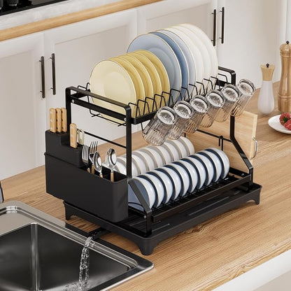 2-Tier Kitchen Dish Drying Rack with Drainboard, Black, Large Capacity Dish Rack with Cup Holder, Knife Block, Cutting Board Rack, 42x32.5x34cm