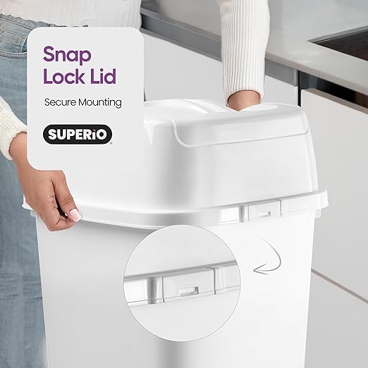 Garbage Can with Swing Top-Split Lid | Large Kitchen Trash Can with Lid | Durable Plastic |Slim & Sturdy Trash Bin | Fingerprint Resistant | 13 Gallon / 50 qt / 50 L - White | Superio
