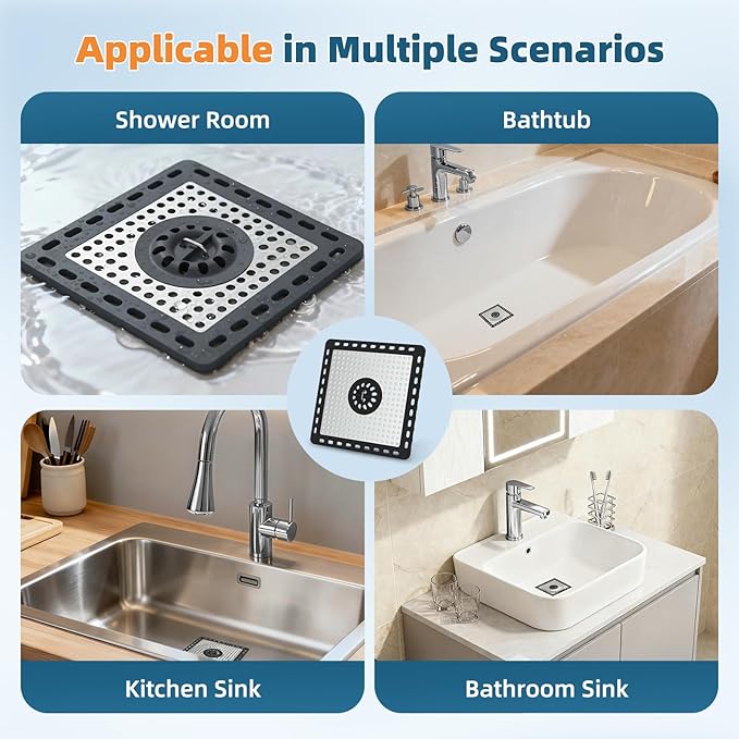 Hibbent 2 Pack Upgraded Shower Drain Hair Catcher, Shower Drain Cover for Bathroom Floor 6" Drain, Anti-Clogging Bathtub Drain Strainer, Stainless Steel Kitchen Sink Drain Strainer with Handle, Black