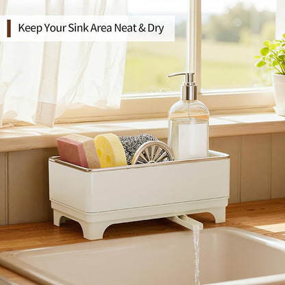 Sponge Holder for Kitchen Sink – Rustproof Stainless Steel, 360° Rotating Drain Pipe, Large Counter Organizer with Drip Tray for Sponges, Brushes & Dish Cloths Off-white