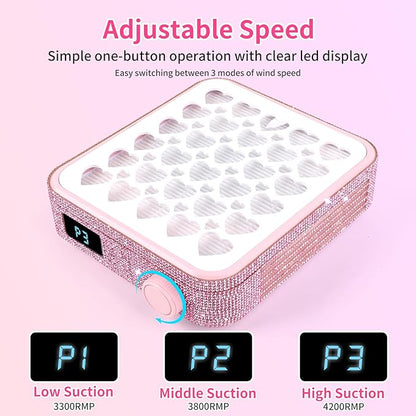 BQAN Nail Dust Collector Portable for Home & Salon - 4200RPM Vacuum with Reusable Filter, for Acrylic Drilling Dust Beginner Friendly Small Manicure Tool (Pink Rhinestones)