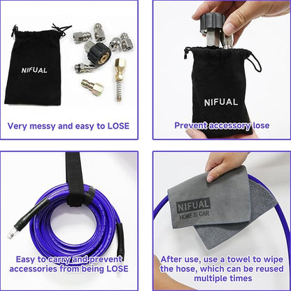 NIFUAL 150FT Sewer Jetter Kit for Pressure Washer, 5800PSI Drain Cleaner Hose 1/4 Inch NPT Corner, Rotating and Button Hose Sewer Jetting Nozzle Waterproof Tape Pearl Corsage Pin Spanner Glove