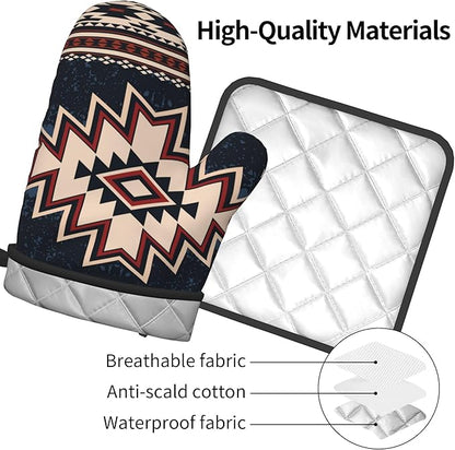 Oven Mitt and Pot Holders Sets - Boho Kitchen Mitts Decorative Tribal Oven Gloves Bohemian Hot Pads Set of 2 for Cooking BBQ Baking Grilling