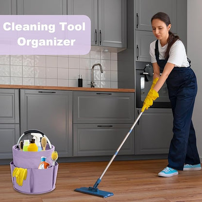 17L Cleaning Caddy with Handle, Cleaning Supplies Organizer, Foldable Storage Basket, Cleaning Supply Caddy, Portable Multi Cleaning Bucket Bag for Home, Garden (Purple)