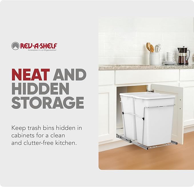 Rev-A-Shelf Double 35 Qt Pullout Trash Can for Base Kitchen Cabinets, Garbage Waste Bin System with Full-Extension Slides, Min Opening Width of 14.5" White/Chrome, RV-18KD-11C S