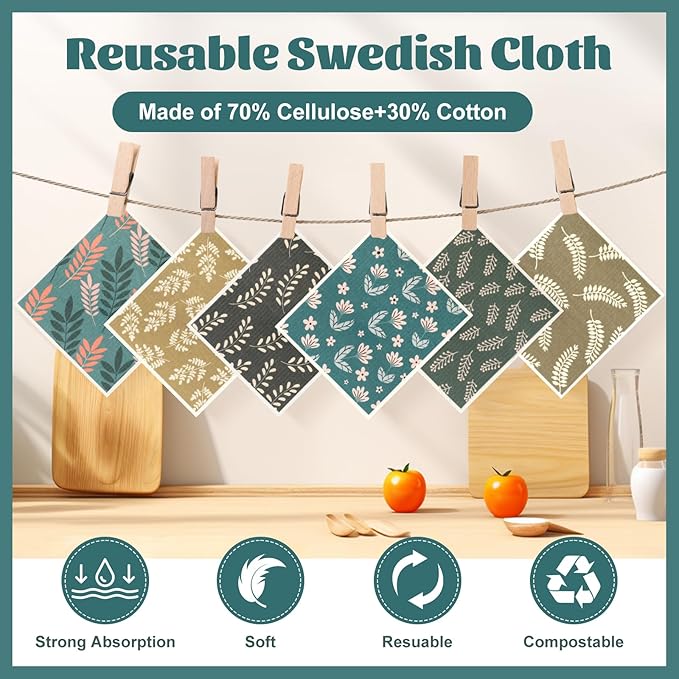 Green Swedish Dishcloths for Kitchen, 6 PCS Swedish Dish Cloths, Super Absorbent Washable Reusable Floral Cloths Dish Towel, No Odor Cellulose Sponge (Dark-Green)