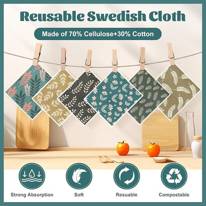 Green Swedish Dishcloths for Kitchen, 6 PCS Swedish Dish Cloths, Super Absorbent Washable Reusable Floral Cloths Dish Towel, No Odor Cellulose Sponge (Dark-Green)