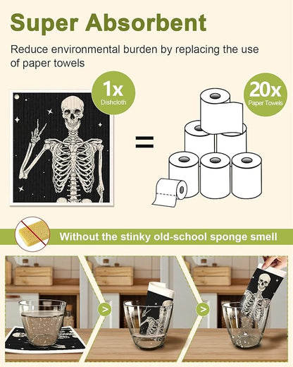 Miss Adola Swedish Dishcloths for Kitchen - 5 Pack Reusable Dish Cloths for Washing Dishes Absorbent Cute Funny Kitchen Towels Cleaning Sponge, Skull Design
