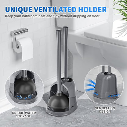 Toilet Plunger and Brush, Bowl Brush and Heavy Duty Toilet Plunger Set with Ventilated Holder, 2-in-1 Toilet Brush and Plunger Combo for 5.3-inch Toilet Drain Bathroom Cleaning (Gray, 1 Set)