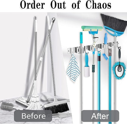 Broom Mop Holder Wall Mount Broom Hanger Wall Mounted Metal Organization Garage Storage Garden Kitchen Tool Organizer With 4 Racks and 5 Hooks (Silver, 1 Pack 4R5H)