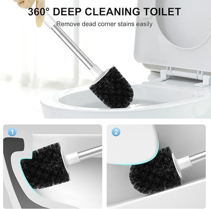 SetSail Toilet Brush and Holder 2 Pack, Self Closing Lid Toilet Bowl Brushes Holder and Extra Long Handle Ventilated Toilet Brush Set for Bathroom Cleaning, Nylon Bristles, White & Grey