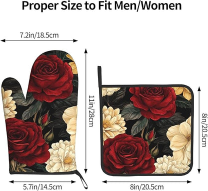 Boho Oven Mitts and Pot Holders Sets Vintage Peony Flowers Kitchen Mitts Potholders 2PCS Floral Oven Gloves Hot Pads for Kitchen Baking Cooking