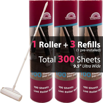 RainbowZone 9.5" Extra Wide Lint Roller for Pet Hair Removal - Extendable Long Handle with 300 Super Sticky Sheets for Furniture, Couch, Car & Carpet Cleaning - Large Pet Hair Remover with 3 Refills
