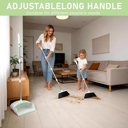 BSKLIN Broom and Dustpan Set, Broom with Dustpan Combo Set with Teeth to Clean Pet Hair 52-in Long Adjustable Handle Broom for Home Office Kitchen Lobb (Green)