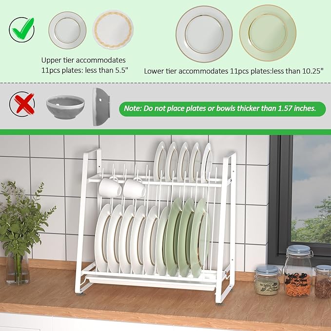Dish Drying Rack with Drainboard, 11 Slots Upright 2-Tier Plate Organizer, Countertop/Wall-Mounted Kitchen Dish Holder