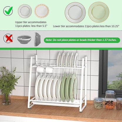 Dish Drying Rack with Drainboard, 11 Slots Upright 2-Tier Plate Organizer, Countertop/Wall-Mounted Kitchen Dish Holder