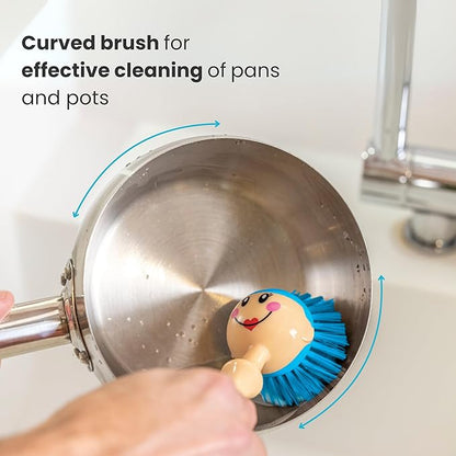 Vigar Dolls Dish Brush with Handle and Holder - Dish Scrubber Brush for Dishes and Pans, Kitchen Scrub Brush, Dishwashing Brush for Kitchen Sink Cleaning, Cute Standing Dish Brush Design - Gray, Blue