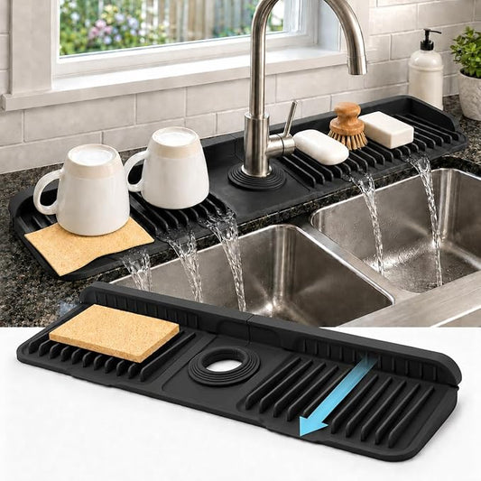 23" Extra Long Silicone Faucet Handle Drip Catcher Tray,7° Sloped Self Draining Mat with Snap-on Design & Soap Holder, Trim-to-Fit Opening,Sink Splash Guard for Kitchen & Bathroom(Black)