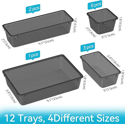 ElegantArray 12-Piece Drawer Organizer Set, 4 Sizes Versatile Plastic Vanity Organizer for Makeup, Stationery, Gadgets, in Kitchen, Bathroom, Office, and Bedroom, Black