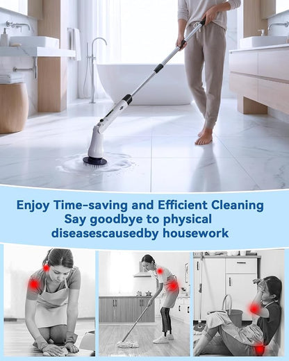 Electric Spin Scrubber, Hillyfe Bathroom Scrubber Electric with 7 Replaceable Brush Heads, IPX7 Waterproof,300/400 RPM, 3 Adjustable Length,Scrubber Brush Electric for Bathtub Floor,White
