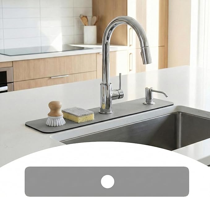 Customizable Kitchen Sink Faucet Mat: 30" Lx5.5 W Splash Guard, Pre-Cut Center Hole, Trimmable to Fit 2 & 3 Holes Faucet & Irregular Sink with Soap Dispenser - Bathroom Counter Protector Drip Catcher