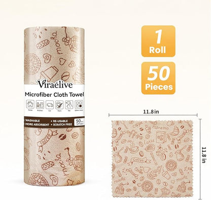 Microfiber Cleaning Cloth Roll, 50 Tear-Away Sheets, Reusable & Washable, Lint-Free, Non-Scratch Highly Absorbent,Cleaning Cloths for Kitchen, Home, Car & Windows, Food Pattern, 12 x 12 in