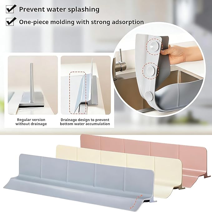 Food Grade Silicone Sink Splash Guard (23 Inch), 7 Strong Suction Cups Non-Slip Water Protector, Dishwasher Safe & Cuttable for Kitchen/Bathroom Countertops (Cream)