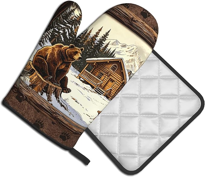 Vintage Oven Mitts and Pot Holders Sets Rustic Cabin Kitchen Gloves Bear Hot Pads Cute Baker Stuff Chef Cooking Baking Gifts for Women