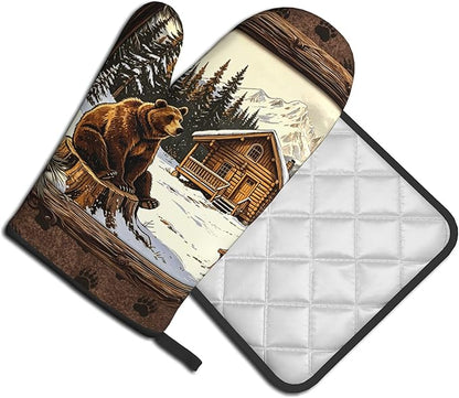 Vintage Oven Mitts and Pot Holders Sets Rustic Cabin Kitchen Gloves Bear Hot Pads Cute Baker Stuff Chef Cooking Baking Gifts for Women