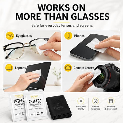Anti Fog Wipes for Glasses, 200 Count Individually Wrapped Lens Cleaning Wipes, Pre-Moistened Eyeglass Cleaner for Sunglasses, Goggles, Phone & Screens + Microfiber Cloth, TOVO PRIME